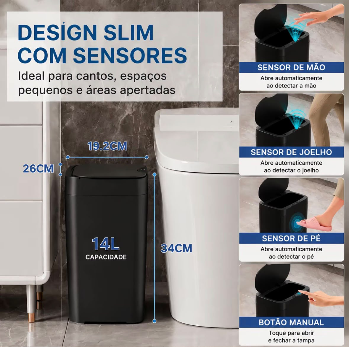Design slim com sensores e medidas da lixeira